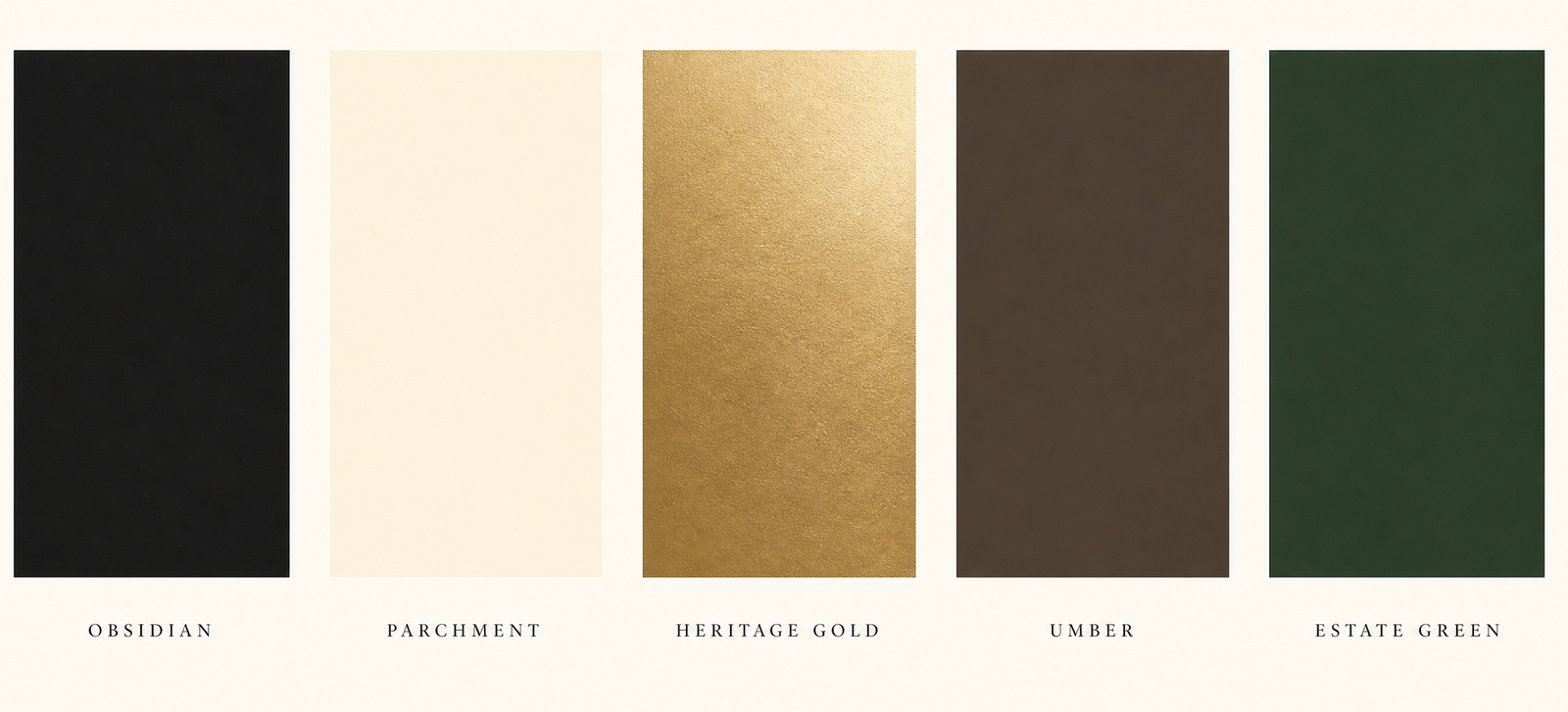 Delivered brand palette excerpt with black, parchment, gold, umber and green swatches