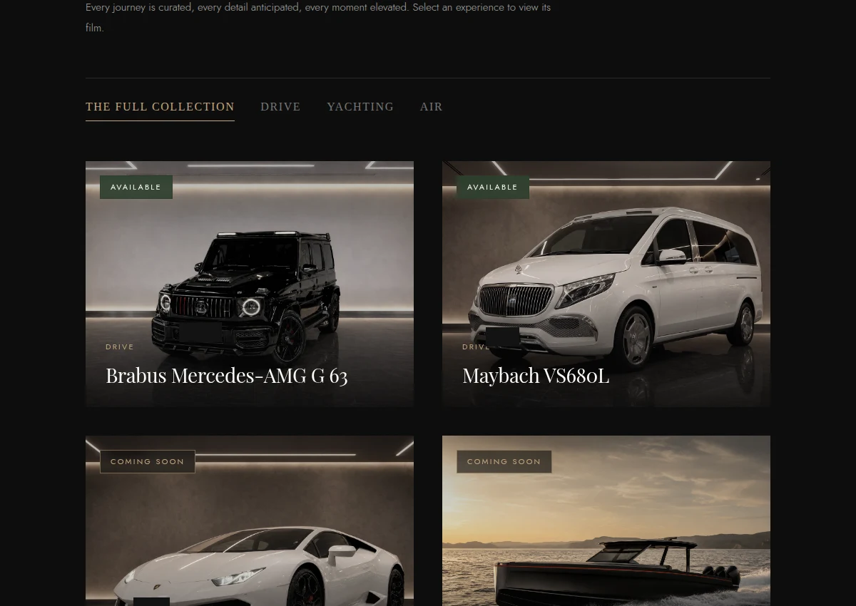 Anonymous luxury website design with a two-column visual collection