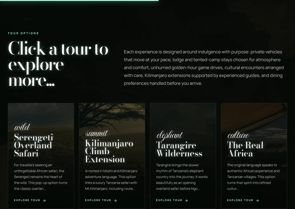 Anonymous travel website excerpt with editorial typography and interactive experience cards