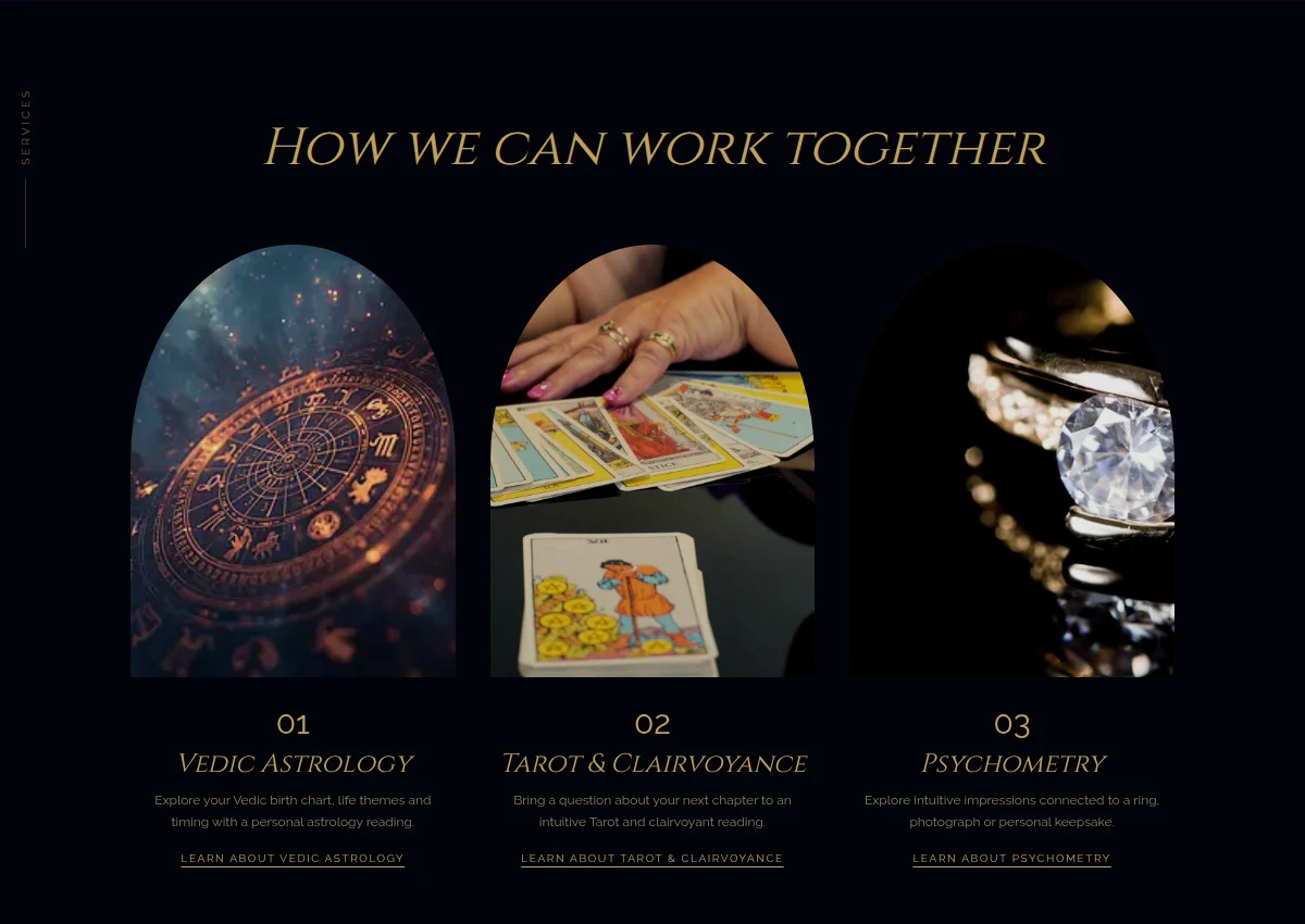 Anonymous personal-brand website design with gold typography and three arched visual service cards